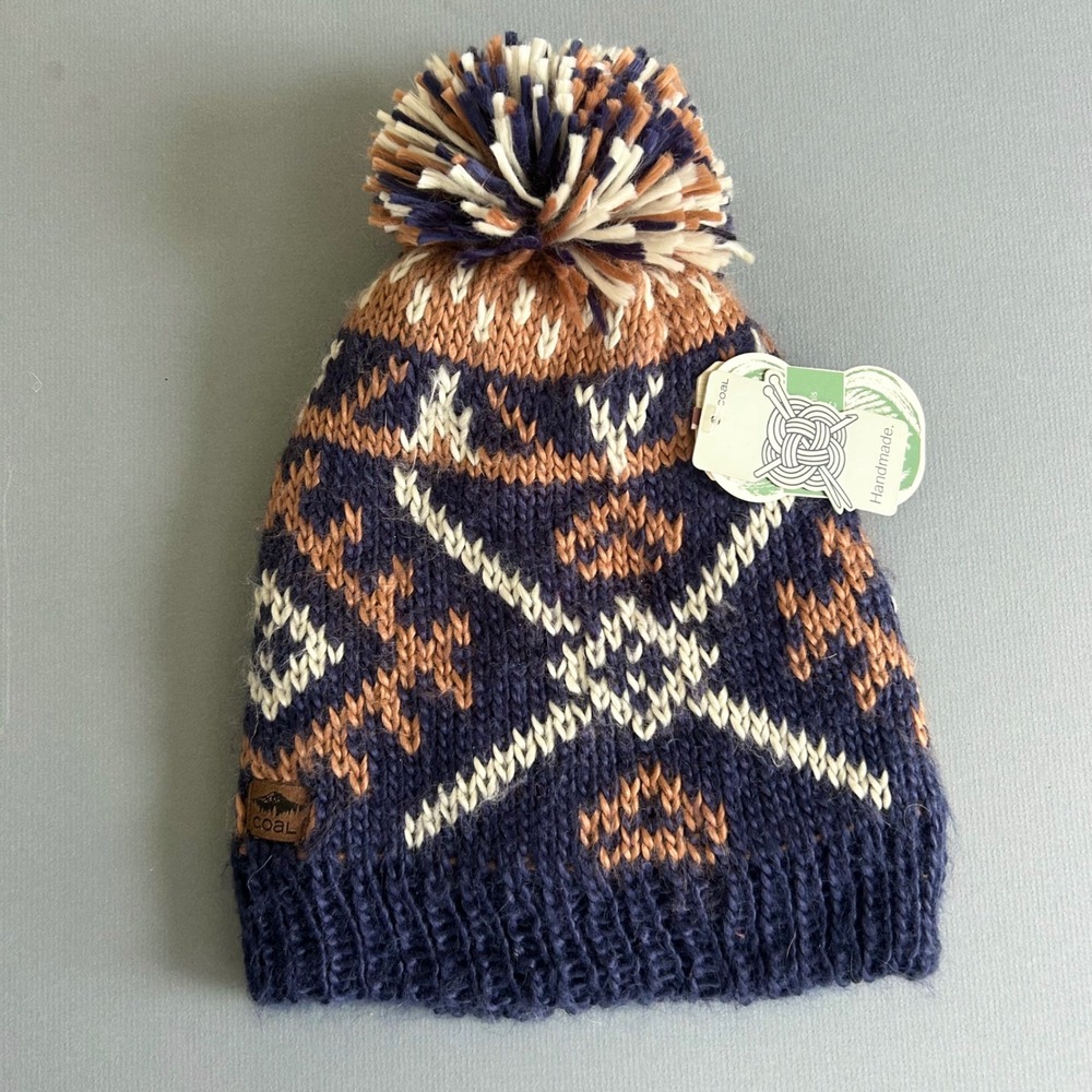 Coal Mens Knit Beanie Hat Pom Pom Blue Brown Fair‎ Isle NWT Ski Winter